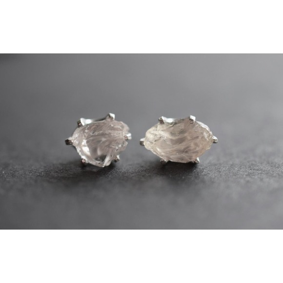 Sterling silver stud earrings, alternative diamond, uncut natural gemstones - Picture 5 of 5